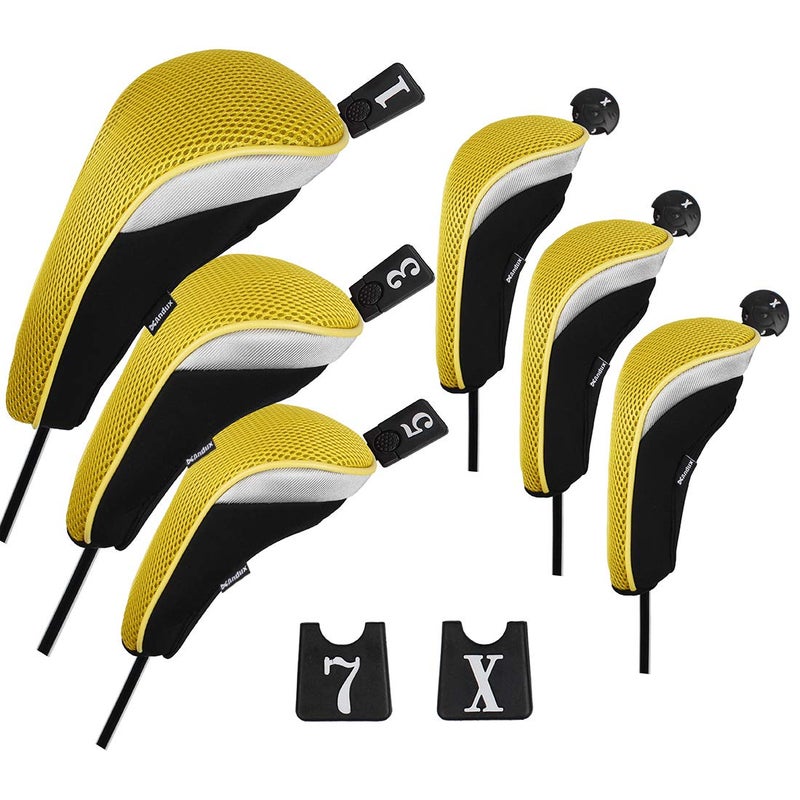 Andux 6pcs/Set Golf Club Head Covers Woods Driver Fairway Hybrid Set (3 Hybrids + 3 Woods) Black/Yellow - Image 1